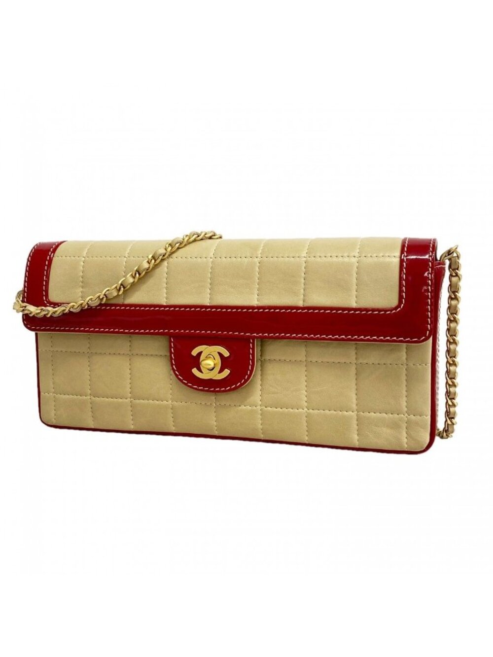 Chanel Shoulder Bag Chocolate Bar Lambskin Patent Beige Red Gold